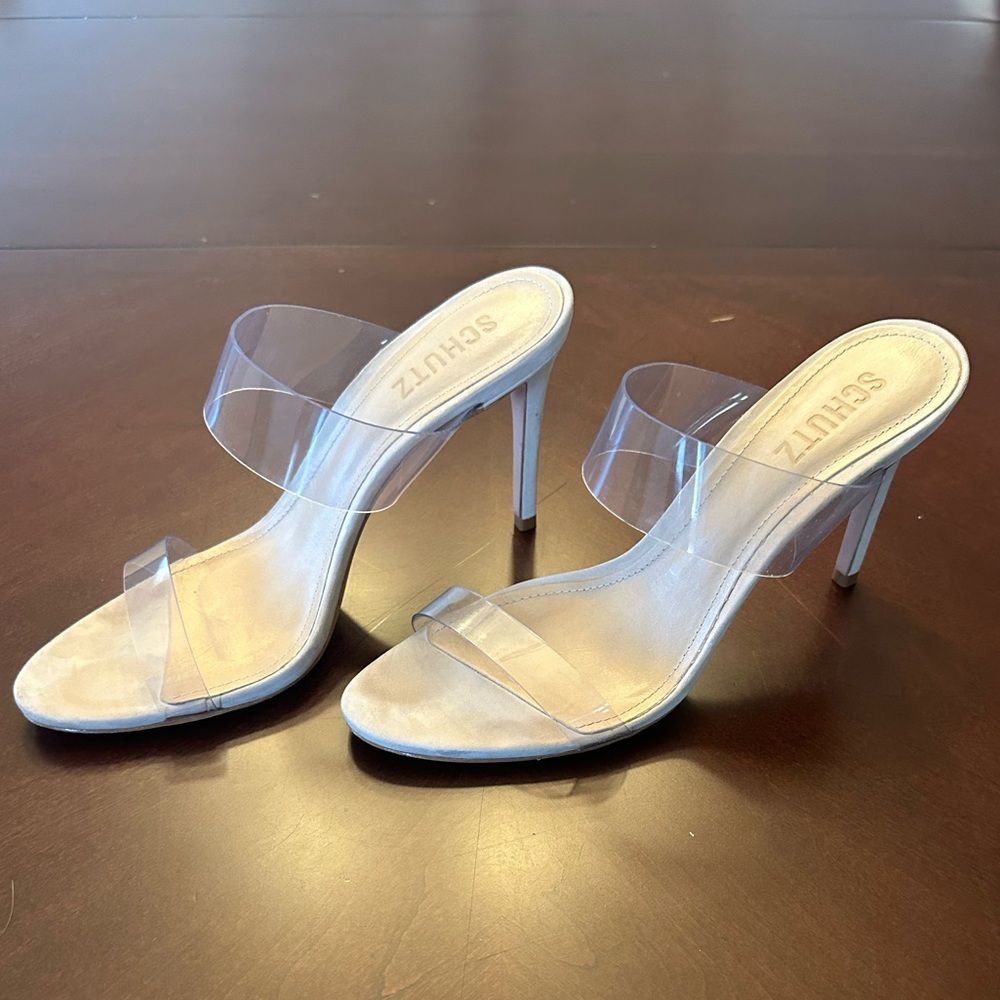 Schultz, Tan/Nude Heels with Clear Straps. Size 8.5